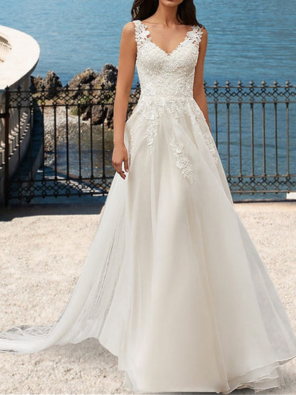 Beach Open Back Wedding Dresses A-Line V Neck Sleeveless Court Train Lace Bridal Gowns With Appliques 2023 Summer Wedding Party, Women's Clothing - LuckyFash™