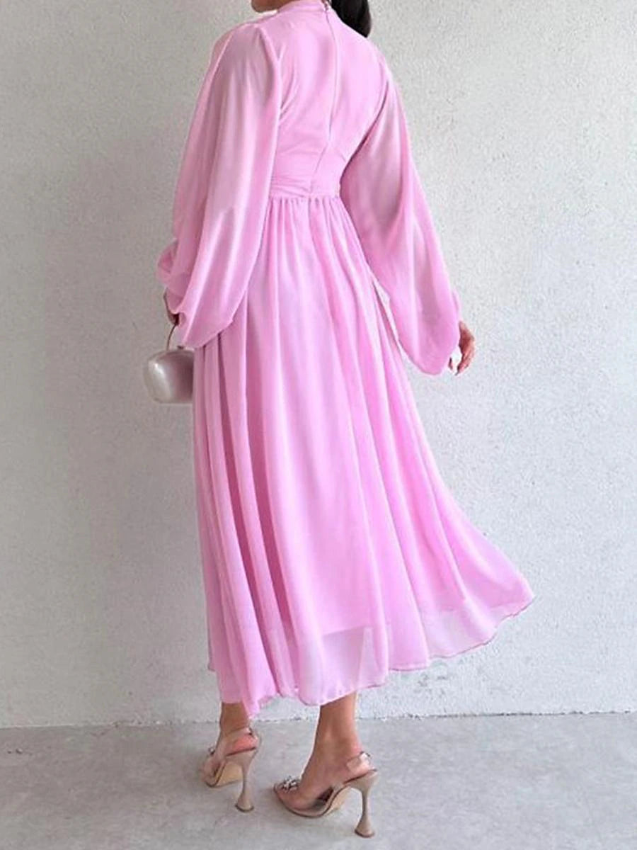 Women's White Dress Casual Dress Swing Dress Long Dress Maxi Dress Ruched Date Elegant Streetwear Stand Collar Long Sleeve Black White Pink Color