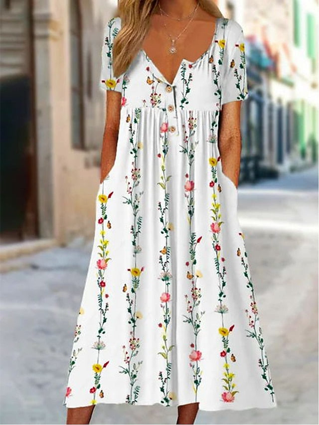 Women's Casual Dress Summer Dress Print Dress Floral Butterfly Ruched Button Split Neck Midi Dress Fashion Streetwear Outdoor Daily Short Sleeve Regular Fit Black White Yellow Summer Spring S M L XL - LuckyFash™