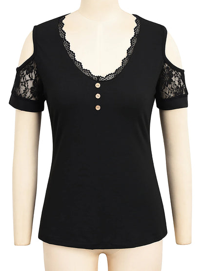 Women's T shirt Tee Going Out Tops Black Plain Lace Cut Out Short Sleeve Casual Weekend Basic Off Shoulder Regular S