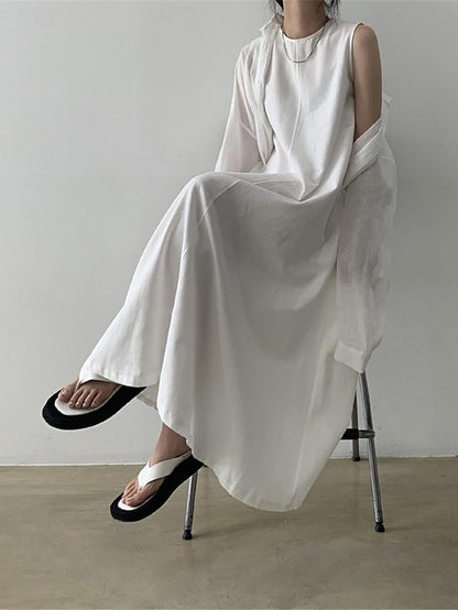 Women's White Dress Casual Dress Cotton Linen Dress Maxi long Dress Pocket Basic Daily Crew Neck Sleeveless Summer Spring Black White Plain