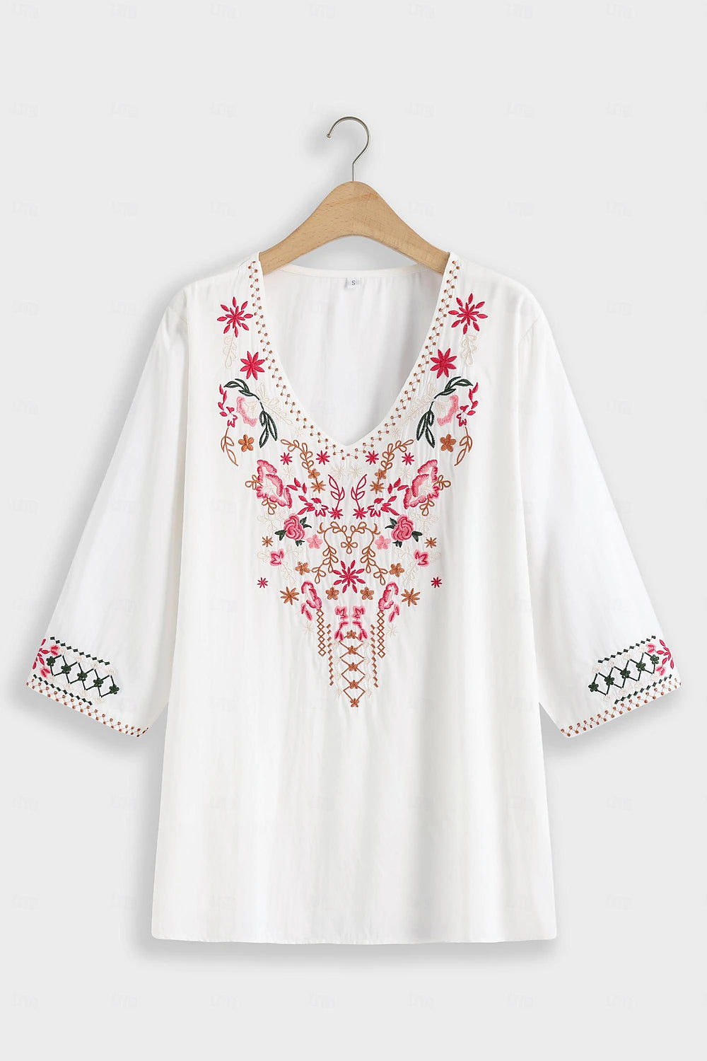 Women's Summer Tops Blouse Embroidered White 3/4 Length Sleeve V Neck Summer Spring