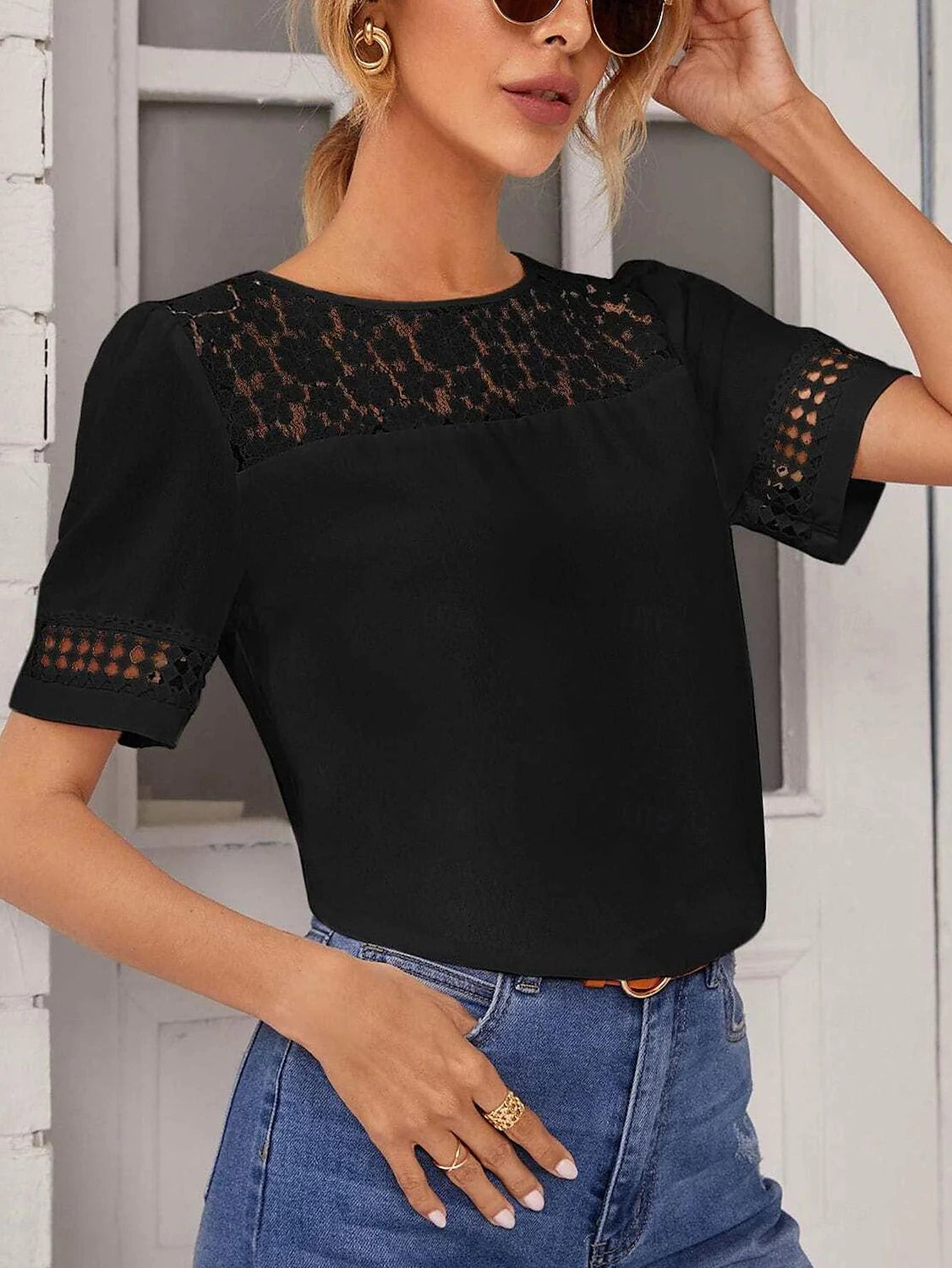 Women's Shirt Blouse Plain Daily Lace Black Short Sleeve Casual Crew Neck Summer