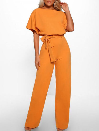 Women's Belted Jumpsuit Long Wide Leg Pant Party Romper Jumpsuits Casual Loose Short Sleeve Playsuits with Belts - LuckyFash™