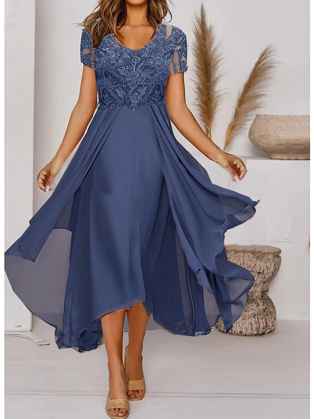 Women's Dress - Semi Formal Party Dress Chiffon Dress Midi Dress Blue Purple Gray Short Sleeve Embroidery Embroidered Spring Summer Autumn Crew Neck Wedding Guest 2023 S M L XL XXL 3XL
