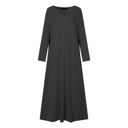 Women‘s Plus Size Casual Dress Caftan Dress Solid Color V Neck Long Sleeve Winter Fall Basic Casual Maxi long Dress Daily Vacation Dress