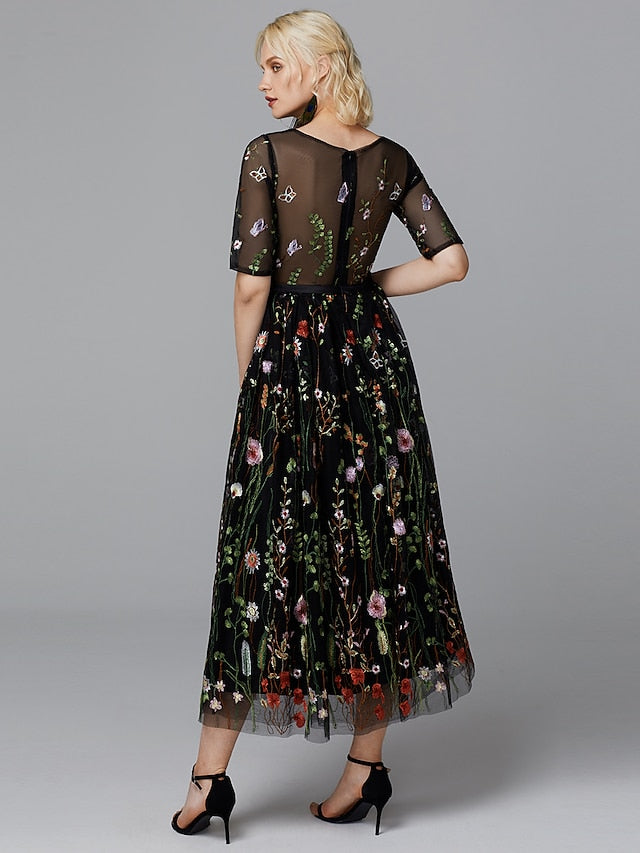 A-Line Floral Dress Holiday Tea Length Half Sleeve Illusion Neck Lace with Embroidery Appliques 2023 - LuckyFash™