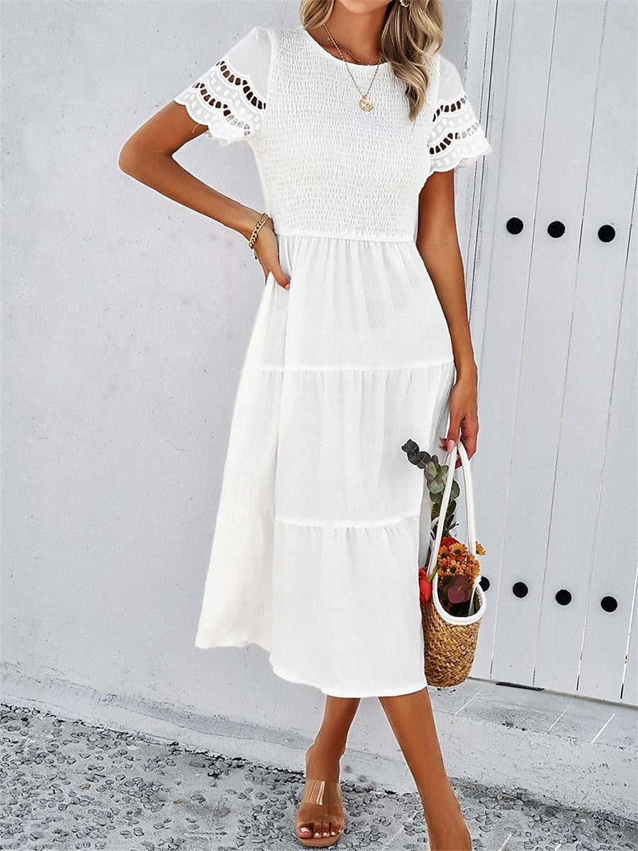 Women's White Dress Lace Dress Casual Dress Midi Dress Patchwork Eyelet Vacation Basic Crew Neck Short Sleeve Black White Brown Color