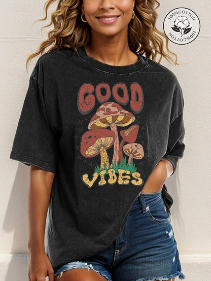 Women's T shirt Tee Acid Wash 100% Cotton Daily Sports Going out Black Short Sleeve Vintage Western Rock Crew Neck good vibes Coachella   Summer