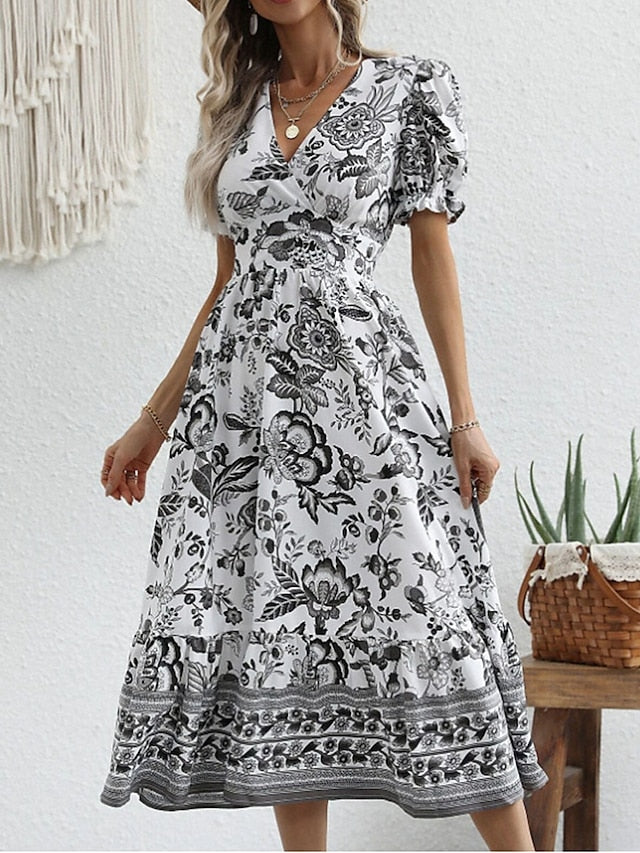 Women's Casual Dress Summer Dress Print Dress Floral Ruched Print V Neck Puff Sleeve Midi Dress Active Fashion Outdoor Street Short Sleeve Loose Fit Black Red Blue Summer Spring S M L XL XXL - LuckyFash™