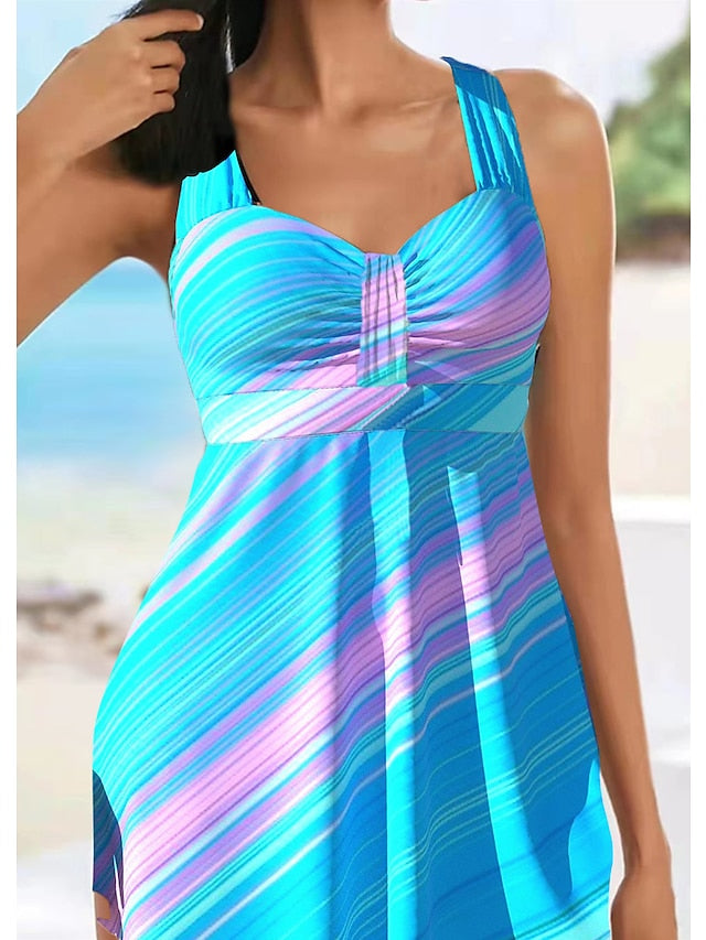 Women's Swimwear Tankini Swim Dress 2 Piece Plus Size Swimsuit Open Back Striped Black White Rosy Pink Blue V Wire Bathing Suits New Vacation Casual - LuckyFash™