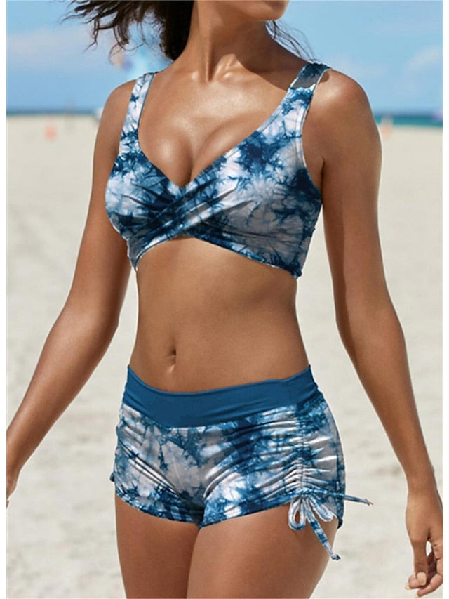 Women's Swimwear Bikini 2 Piece Plus Size Swimsuit Ruched Backless 2 Piece Open Back Slim Tie Dye Camo Blue Wine Army Green Black Padded V Wire Bathing Suits New Vacation Fashion / Sexy / Colorful - LuckyFash™