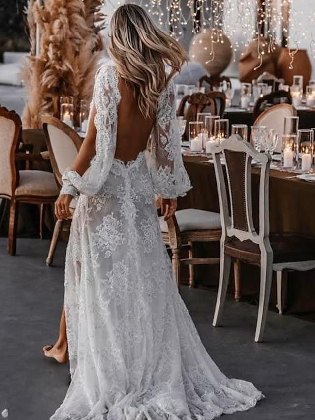 Beach Sexy Boho Wedding Dresses A-Line V Neck Long Sleeve Sweep / Brush Train Lace Bridal Gowns With Appliques Split Front 2023 Summer Wedding Party, Women's Clothing - LuckyFash™