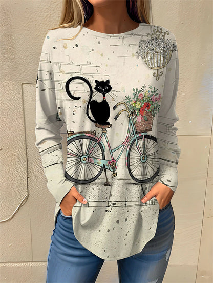 Women's T shirt Tee Cat Daily Weekend Lace Print White Long Sleeve Fashion Square Neck Spring &  Fall