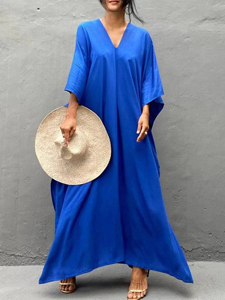 Women's White Dress Cover Up Beach Wear Maxi long Dress Split Basic Casual Plain V Neck 3/4 Length Sleeve Loose Fit Outdoor Daily White Yellow 2023 Summer Spring One Size