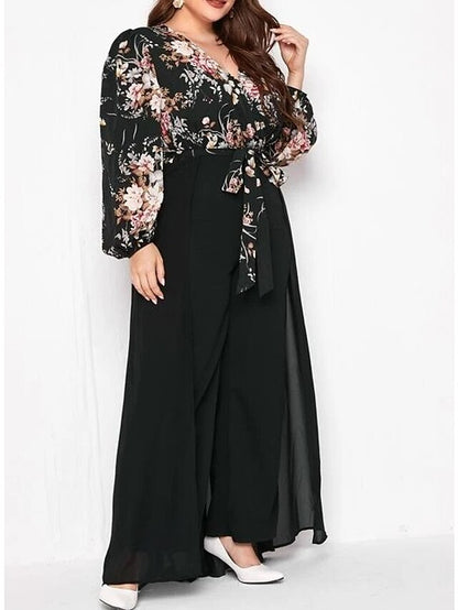 Women's Plus Size Jumpsuit Floral Fashion Modern Vacation Going out Natural Full Length Winter Fall Black L XL XXL 3XL 4XL - LuckyFash™