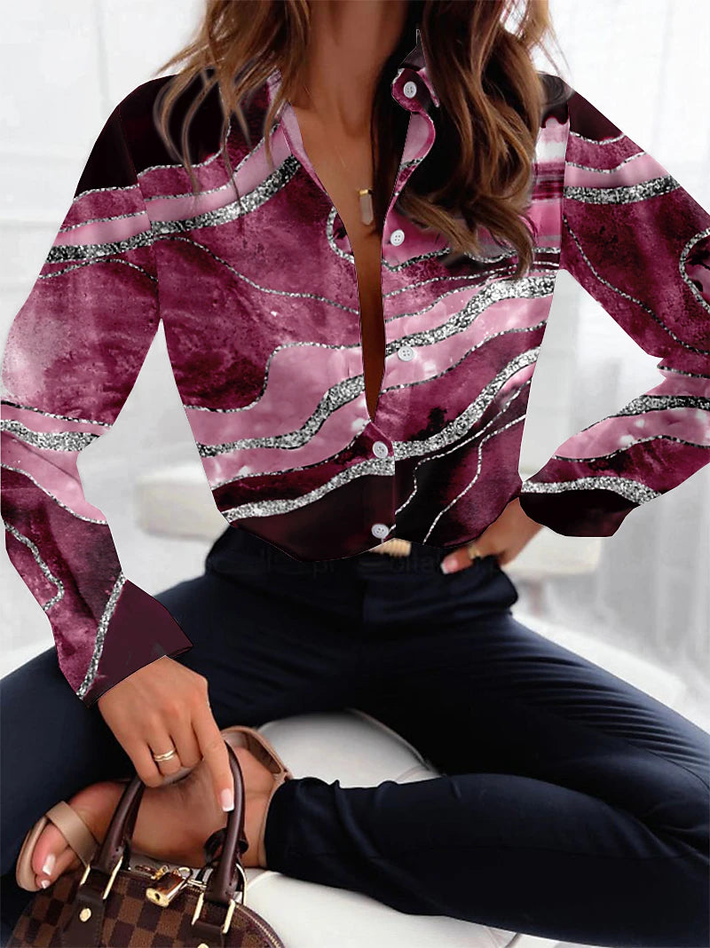 Women's Shirt Blouse Graphic Abstract Casual Button Print Pink Long Sleeve Fashion Shirt Collar Spring &  Fall