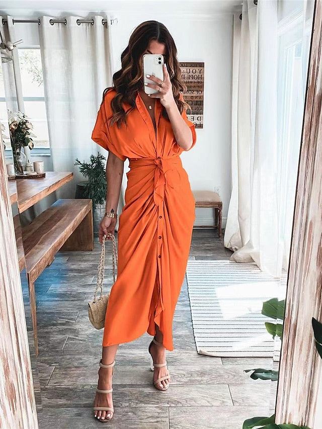 Women's Shirt Dress Casual Dress Work Dress Maxi long Dress Party Daily Holiday Satin Silk Fashion Elegant Shirt Collar Lace up Ruched Short Sleeve Summer Spring 2023 Regular Fit Black Pink Wine Pure - LuckyFash™