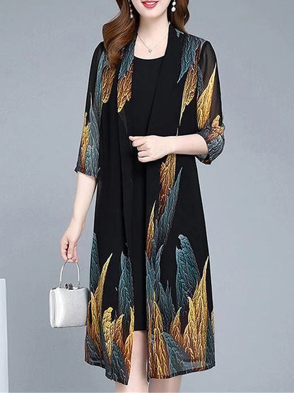 Women's Two Piece Dress Set Casual Dress Print Dress Daily Going out Elegant Streetwear Print Midi Dress Crew Neck 3/4 Length Sleeve Graphic Regular Fit Black Spring Fall M L XL XXL 3XL