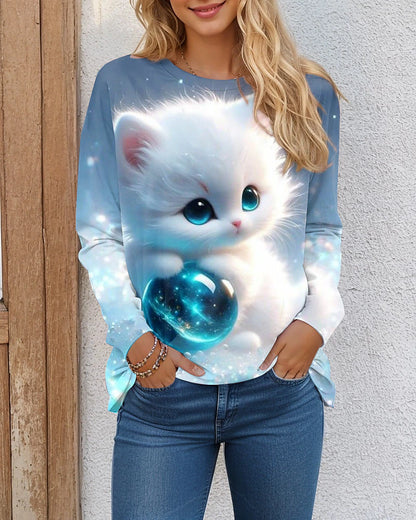 Women's T shirt Tee Cat 3D Daily Weekend Print Light Green Long Sleeve Fashion Funny Round Neck Spring &  Fall