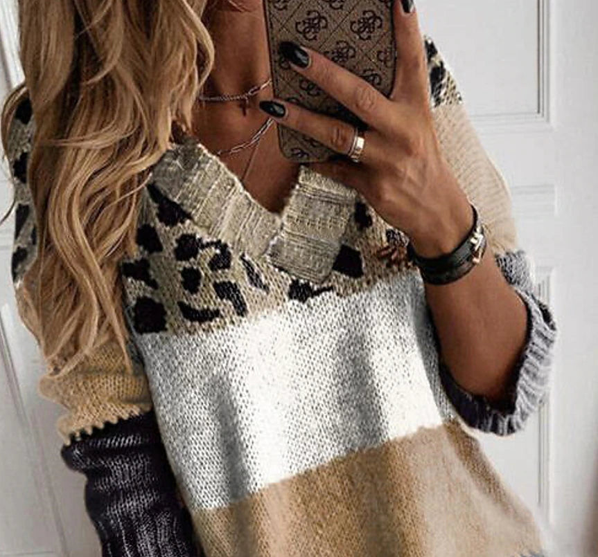 Women's Pullover Sweater Jumper V Neck Crochet Knit Knit Patchwork Knitted Fall Winter Tunic Going out Weekend Stylish Long Sleeve Color Gradient Brown S M L