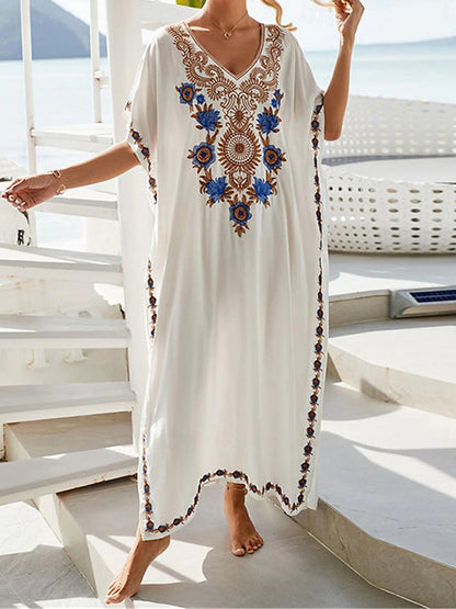 Women's White Dress Summer Dress Cover Up Long Dress Maxi Dress Embroidered Split Vacation Beach Maxi Boho V Neck Half Sleeve Black White Color