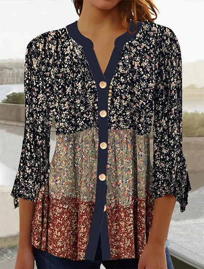 Women's Shirt Blouse Floral Casual Holiday Button Print Yellow 3/4 Length Sleeve Daily Tunic Basic V Neck Fall & Winter