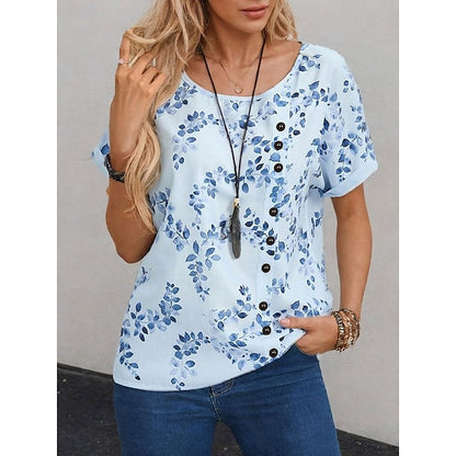 Women's Tunic Leaf Daily Button Blue Short Sleeve Daily Casual Crew Neck Summer