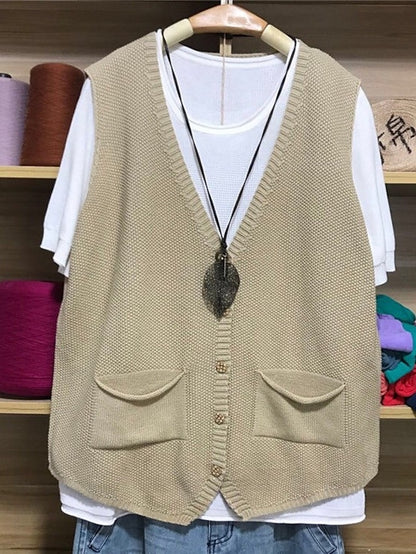 Women's Sweater Vest Jumper Knit Pocket Knitted Solid Color V Neck Basic Casual Daily Fall Spring khaki Dark Gray S M L / Sleeveless / Sleeveless / Regular Fit - LuckyFash™