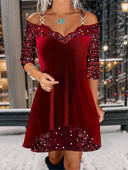 Women's Velvet Dress Sequin Dress Winter Dress Mini Dress Cotton Cold Shoulder Party Date Streetwear V Neck Long Sleeve Wine Gold Green Color