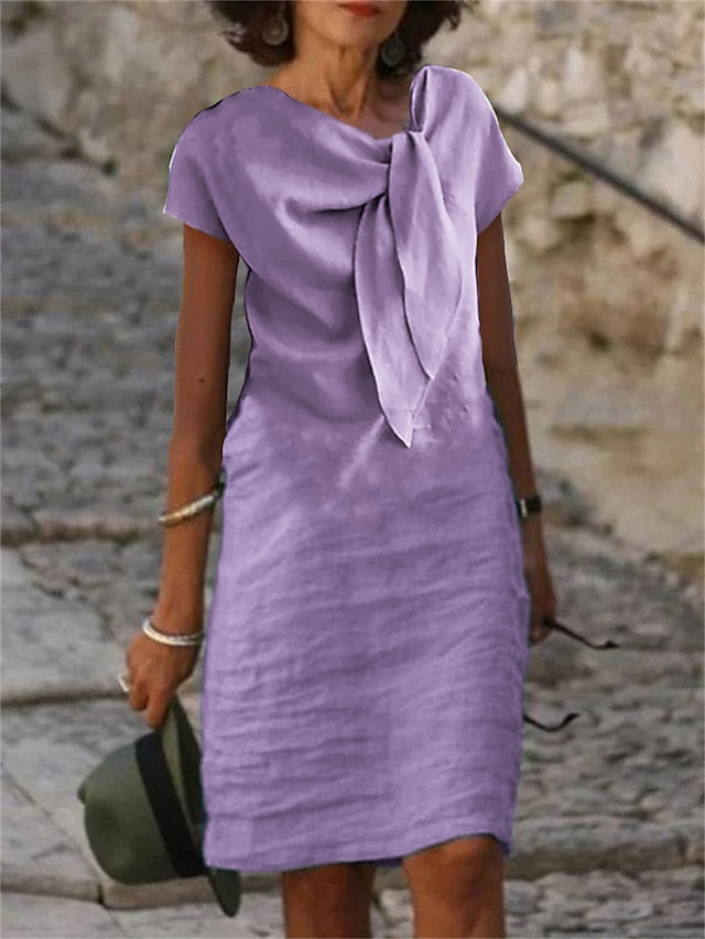 Women's Casual Dress Cotton Dress Shift Dress Midi Dress Cotton Blend Fashion Basic Outdoor Daily Vacation V Neck Lace up Short Sleeve Summer Spring 2023 Loose Fit Black White Blue Plain S M L XL 2XL - LuckyFash™