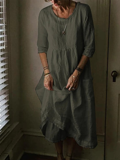 Women's Cotton Linen Dress Casual Dress Maxi long Dress Cotton Basic Casual Outdoor Daily Vacation Crew Neck Pocket Half Sleeve Summer Spring 2023 Loose Fit Black Yellow Blue Plain S M L XL 2XL - LuckyFash™