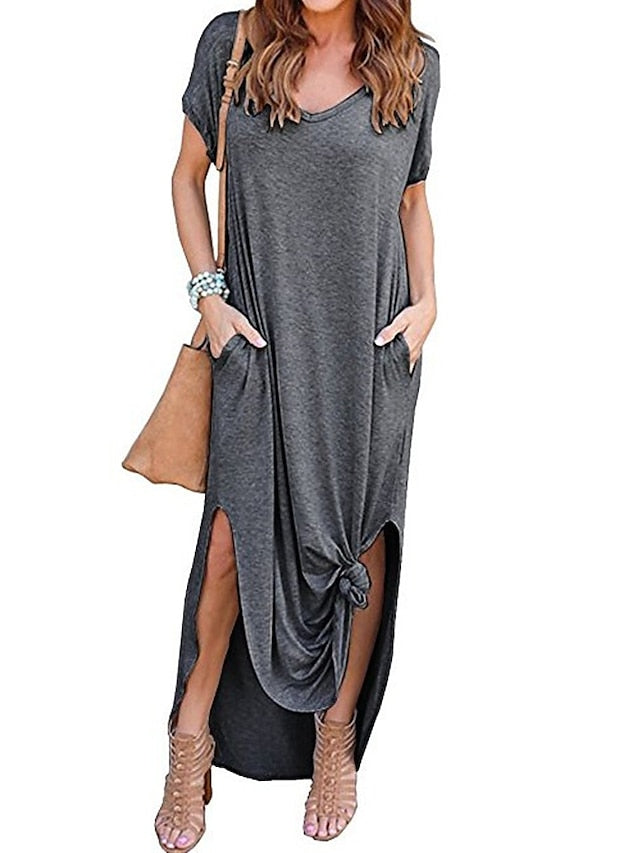 Women's T Shirt Dress Tee Dress Long Dress Maxi Dress Wine Red Green Black Short Sleeve Pure Color Pocket Spring Summer V Neck S M L XL 2XL 3XL 4XL 5XL - LuckyFash™