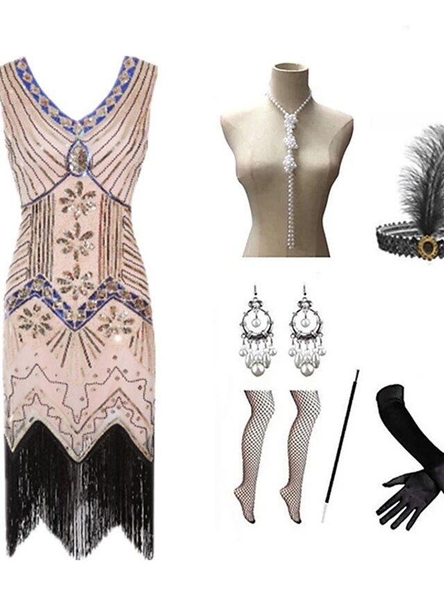 The Great Gatsby Charleston Plus Size Roaring 20s 1920s Cocktail Dress Vintage Dress Flapper Dress Prom Dress Prom Dresses Women's Feather Costume Vintage Cosplay 1 Necklace New Year - LuckyFash™