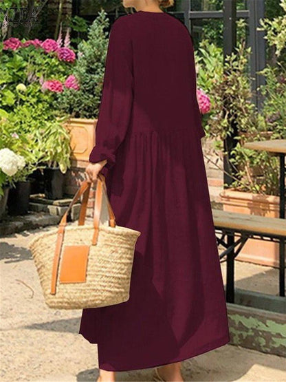 Women's Shirt Dress Casual Dress Cotton Linen Dress Maxi long Dress Button Basic Daily Split Neck Long Sleeve Summer Spring Black Wine Plain