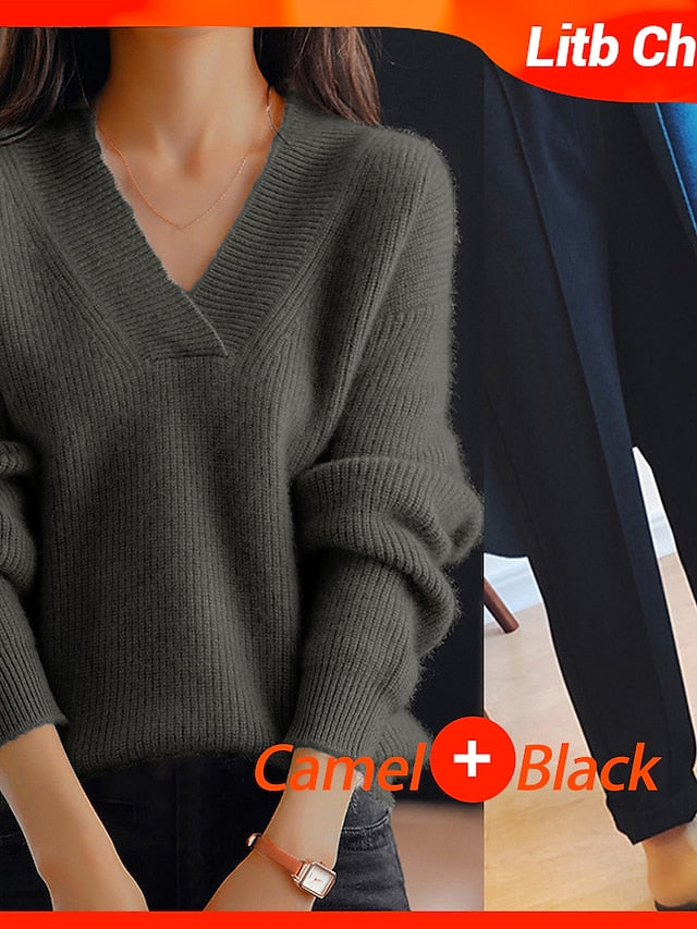 Women's Pullover Sweater Jumper V Neck Ribbed Knit Polyester Oversized Fall Winter Regular Outdoor Daily Going out Stylish Casual Soft Long Sleeve Solid Color Navy Blue Blue Camel S M L