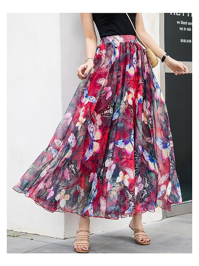 Women's Skirt Swing Long Skirt Maxi Chiffon Yellow Light Green Wine Red Skirts Summer Ruffle Print Without Lining Fashion Boho Long Summer Holiday Vacation S M L - LuckyFash™