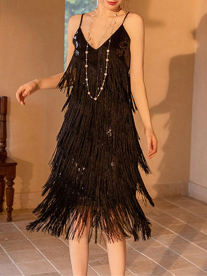 Women's Sequins Tassel Fringe Black Dress Midi Dress Elegant Plain Spaghetti Strap Sleeveless Party Summer Spring Black Red