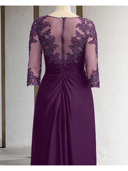 Sheath / Column Mother of the Bride Dress Formal Wedding Guest Elegant Sparkle & Shine Jewel Neck Asymmetrical Floor Length Chiffon Lace 3/4 Length Sleeve with Sequin Appliques 2023 - LuckyFash™