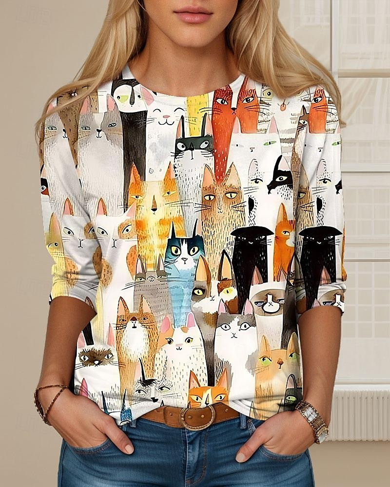 Women's T shirt Tee Cat Daily Weekend Print Black Long Sleeve Fashion Round Neck Spring &  Fall