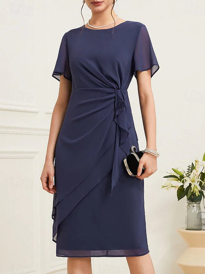 Women's Wrap Dress Layered Dress Elegant Dress Midi Dress Ruched Draped Elegant Sexy Crew Neck Sleeveless Dark Blue Color