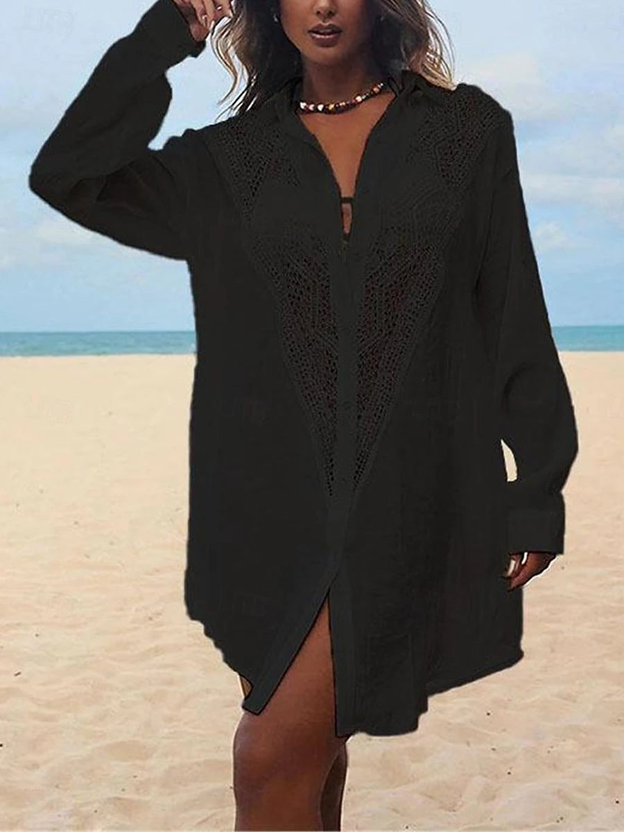 Women's White Dress Shirt Dress Cover Up Mini Dress Cotton Patchwork Button Vacation Beach Hawaiian Shirt Collar Long Sleeve Black White Color