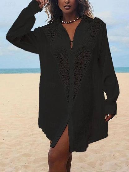 Women's White Dress Shirt Dress Cover Up Mini Dress Cotton Patchwork Button Vacation Beach Hawaiian Shirt Collar Long Sleeve Black White Color