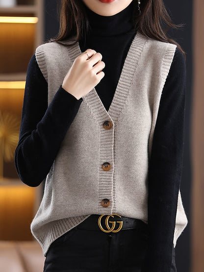 Women's Sweater Vest V Neck Ribbed Knit Polyester Knit Button Summer Fall Daily Holiday Going out Stylish Casual Soft Sleeveless Pure Color Black Khaki Beige One-Size