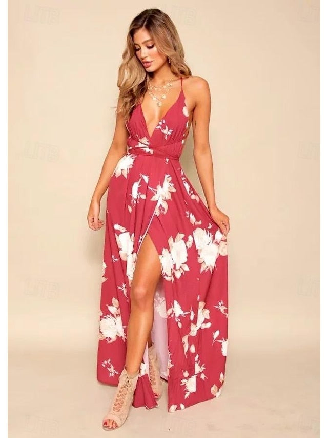 Women's Sundress A Line Dress Slip Dress Floral Tie Front Split Lace Up Neck Long Dress Maxi Dress Elegant Bohemia Wedding Party Sleeveless Summer