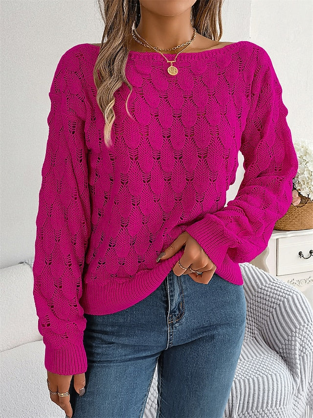 Women's Pullover Sweater Jumper Off Shoulder Ribbed Knit Acrylic Off Shoulder Fall Winter Regular Outdoor Daily Going out Stylish Casual Soft Long Sleeve Solid Color Pink Blue Fuchsia S M L