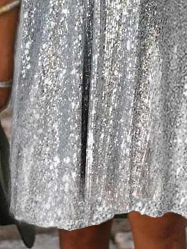 Women's Wedding Guest Dress Party Dress Sequin Dress Midi Dress Silver Short Sleeve Pure Color Sequins Summer Spring Split Neck Party Office Vacation Summer Dress S M L XL 2XL 3XL - LuckyFash™