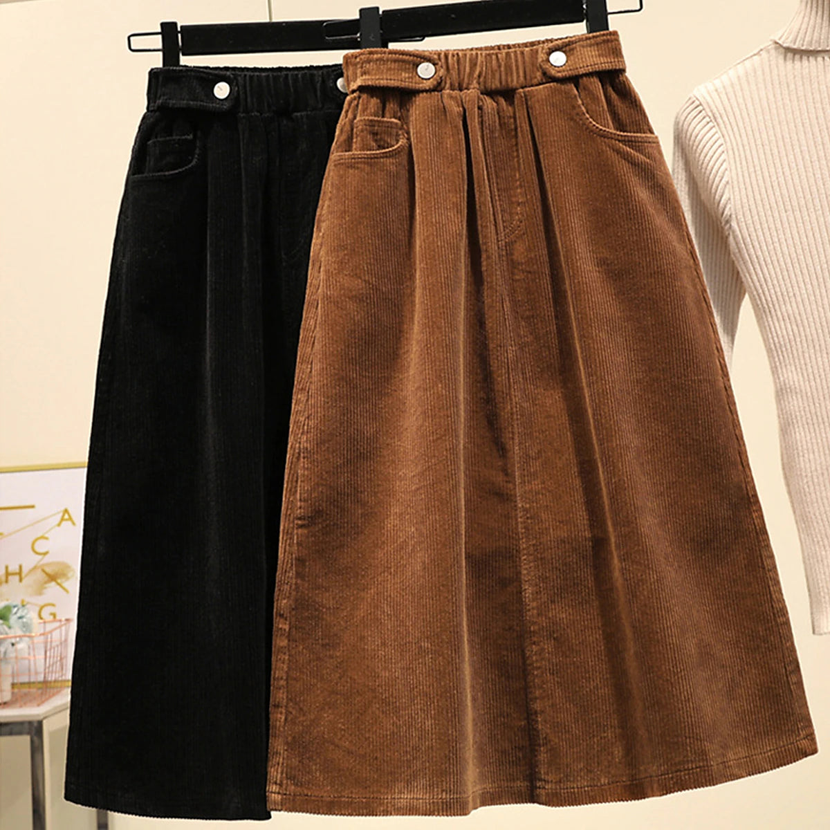 Women's Skirt A Line Midi High Waist Skirts Pocket Solid Colored Street Daily Winter Corduroy Fashion Casual Black Brown