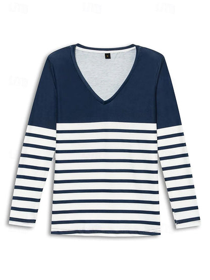 Women's T shirt Tee Striped Daily Weekend Print Navy Blue Long Sleeve Basic V Neck Fall & Winter