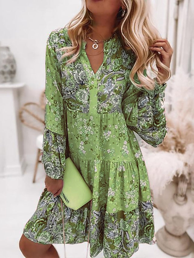 Womenâ€˜s Shift Dress BohoÂ Dress Knee Length Dress Pink Long Sleeve Floral Ruffle Smocked Print Summer Spring V Neck Boho Casual Flare Cuff Sleeve 2023 4XL - LuckyFash™